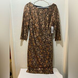 NWT Jessica Howard Black Gold Dress Sz 8 Sequin, Lined Midi Cocktail Lace Sheath